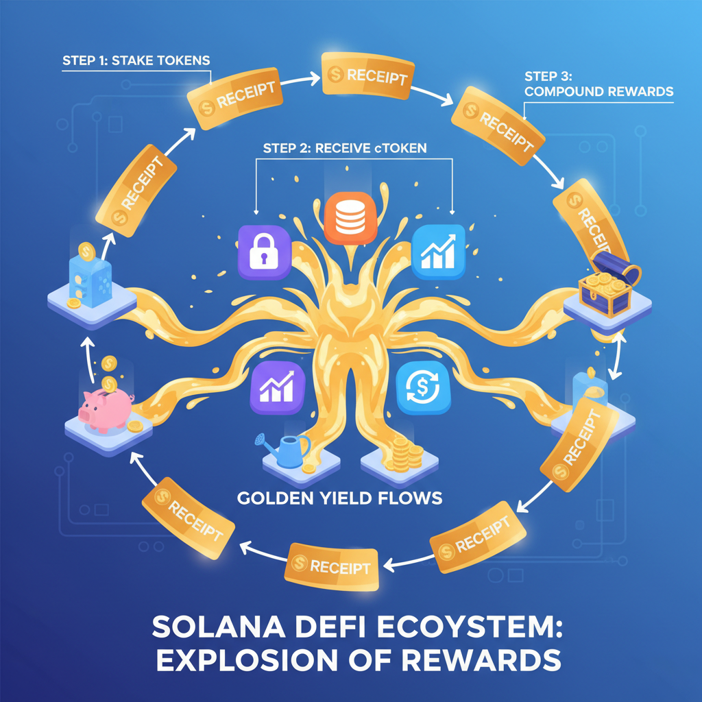 compounding receipt tokens multiplying in a loop, solana defi ecosystem explosion of rewards, golden yield flows