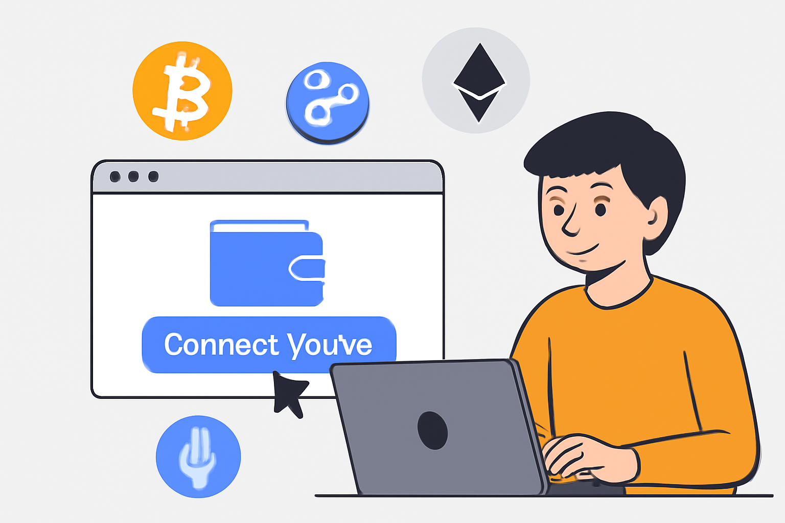 A user connecting a crypto wallet to a web interface, with tokens and blockchain logos visible