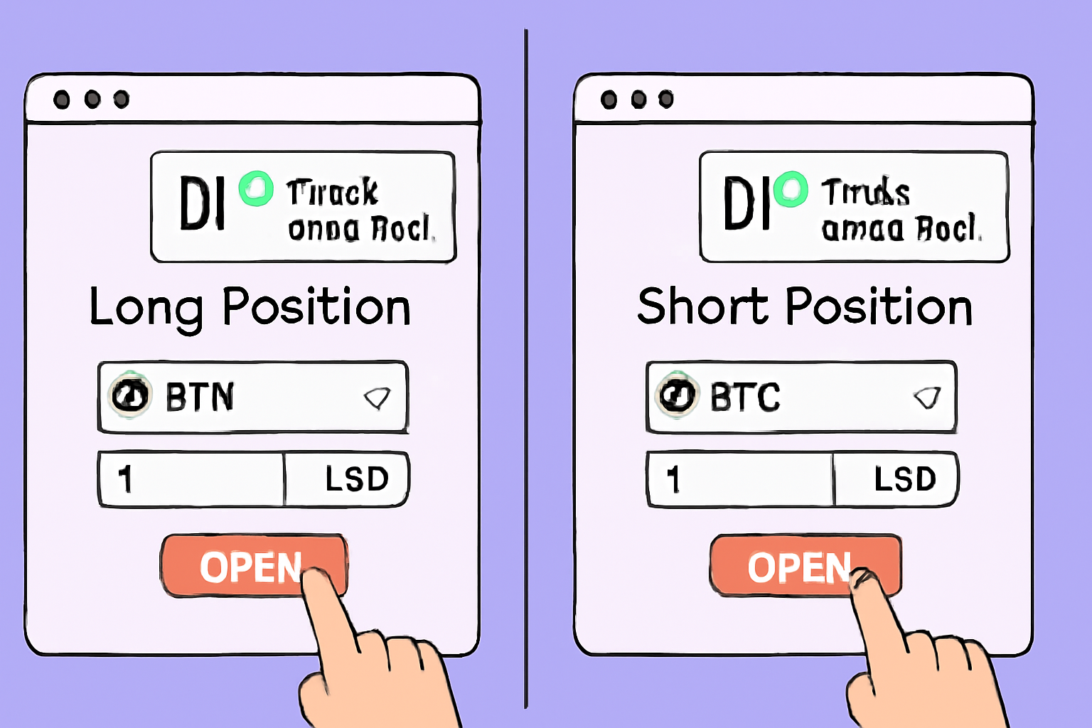 A split-screen showing a user opening a long position on one DEX and a short position on another, with trade confirmation pop-ups