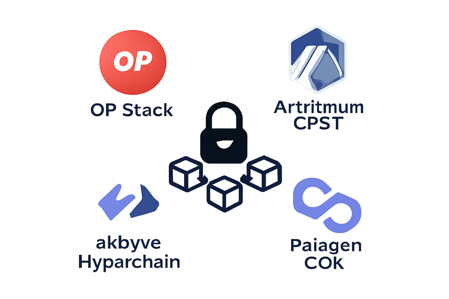 Logos of OP Stack, Arbitrum Orbit, ZKsync Hyperchain, and Polygon CDK arranged around a secure blockchain icon.