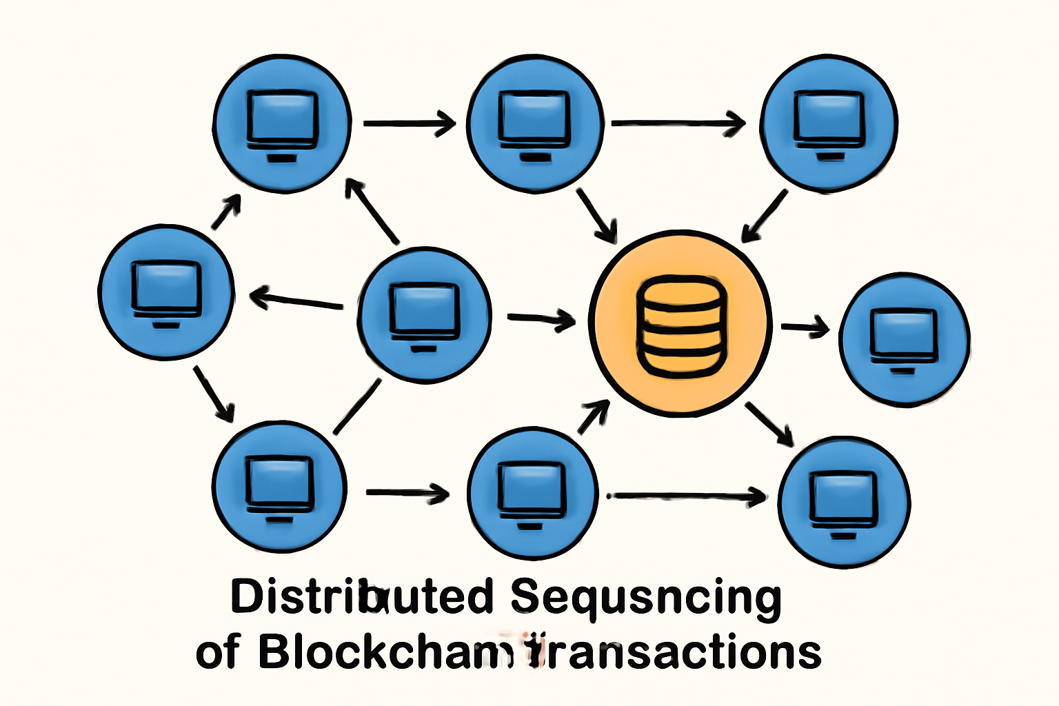 A network diagram showing multiple nodes collaboratively processing blockchain transactions, with arrows indicating distributed sequencing.