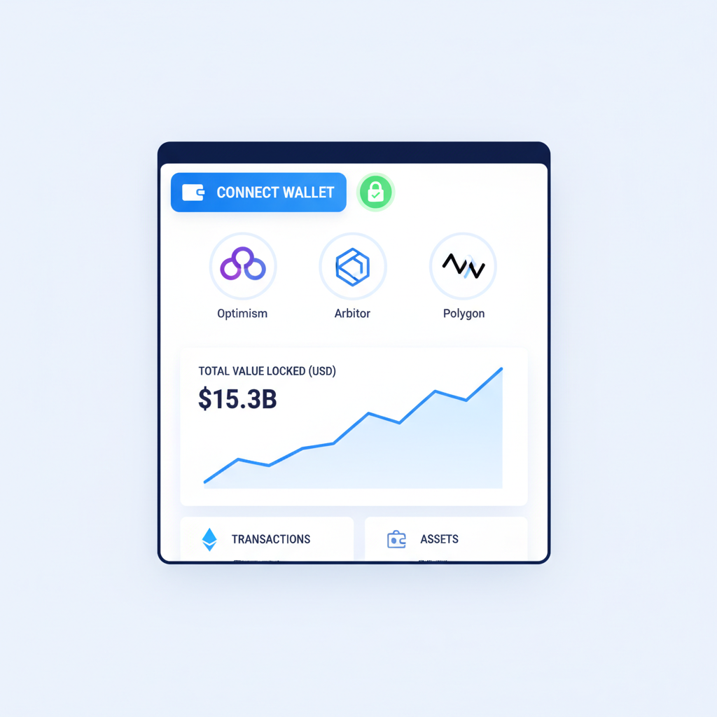 sleek crypto dashboard with wallet connect button, Ethereum L2 icons, secure lock symbol, minimalist UI
