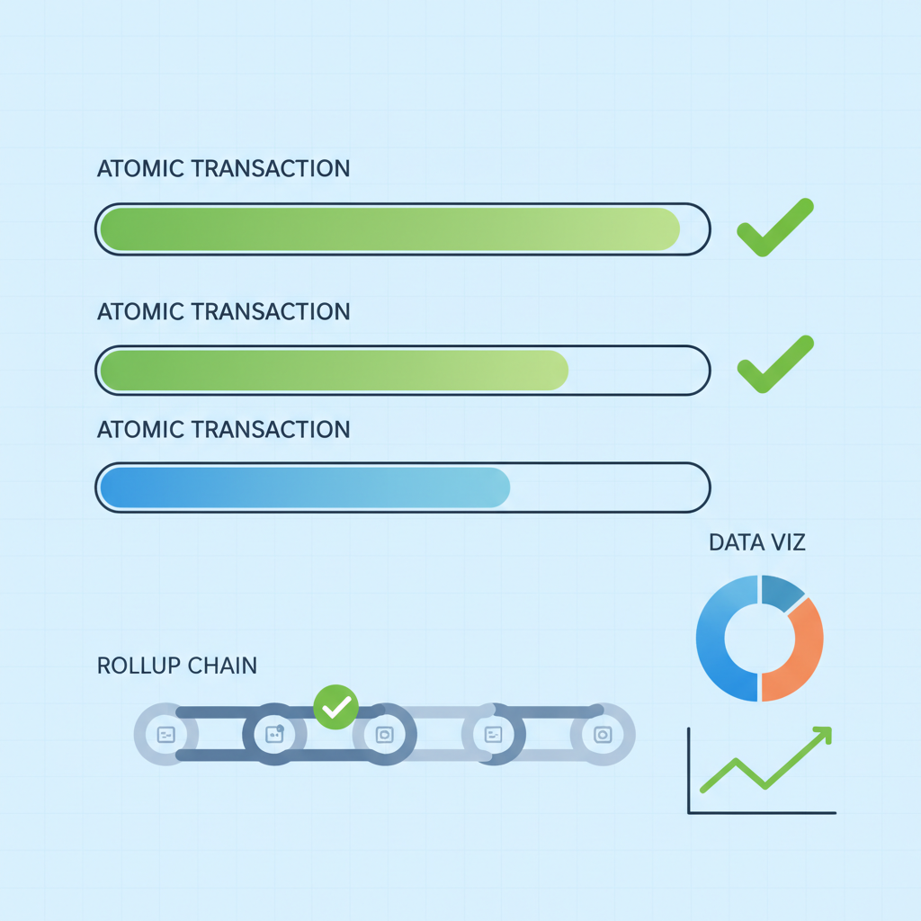 monitoring dashboard with atomic transaction progress bars, rollup chain links, green checkmarks, data viz
