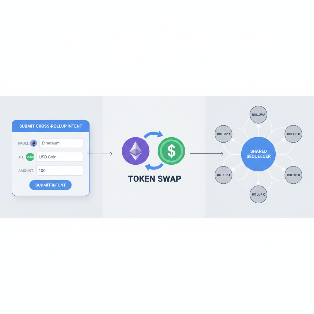 trading interface form for submitting cross-rollup intents, token swap icons, shared sequencer network diagram