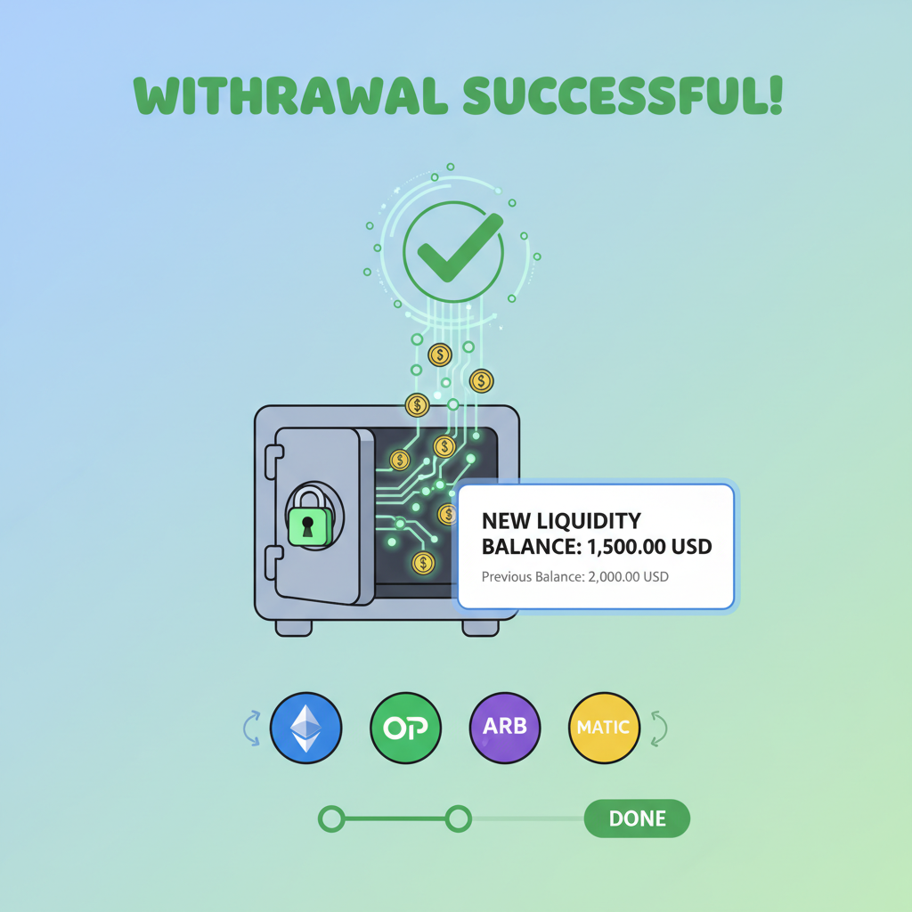 withdrawal success screen with liquidity balance update, multi-rollup icons, secure vault animation