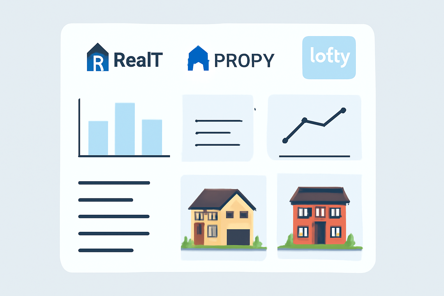 A digital dashboard displaying logos of RealT, Propy, and Lofty AI, with charts and property images.