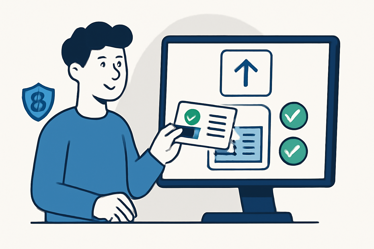 A user uploading ID documents to a secure digital portal with compliance checkmarks.