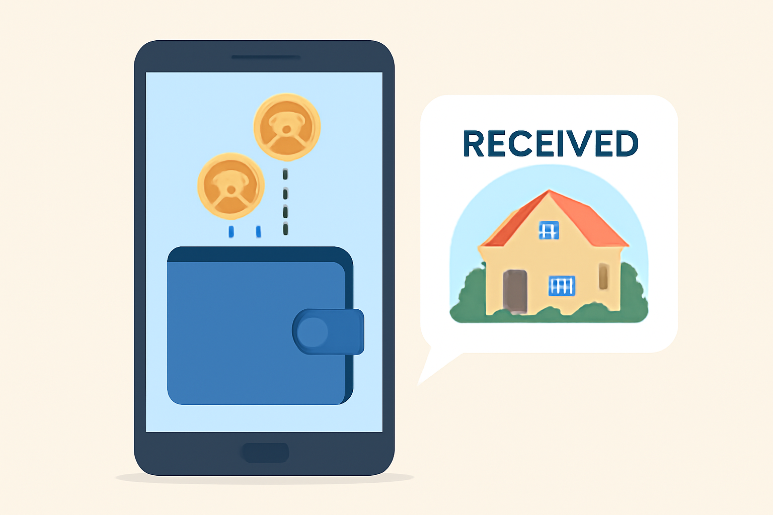 A digital wallet receiving real estate tokens with a confirmation message and property image.