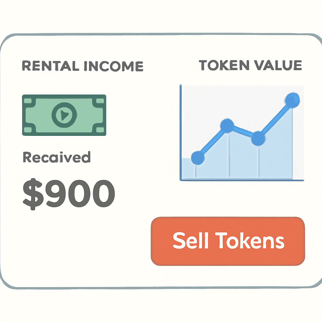 A dashboard displaying rental income received, token value charts, and a 'Sell Tokens' button.