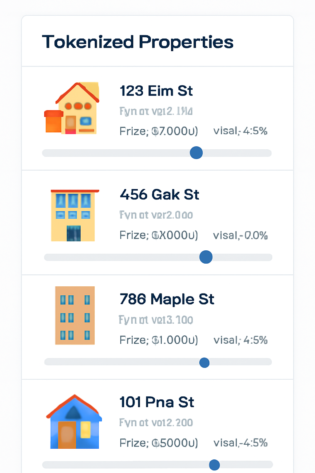 A user interface showing a list of tokenized properties with investment sliders and property details.