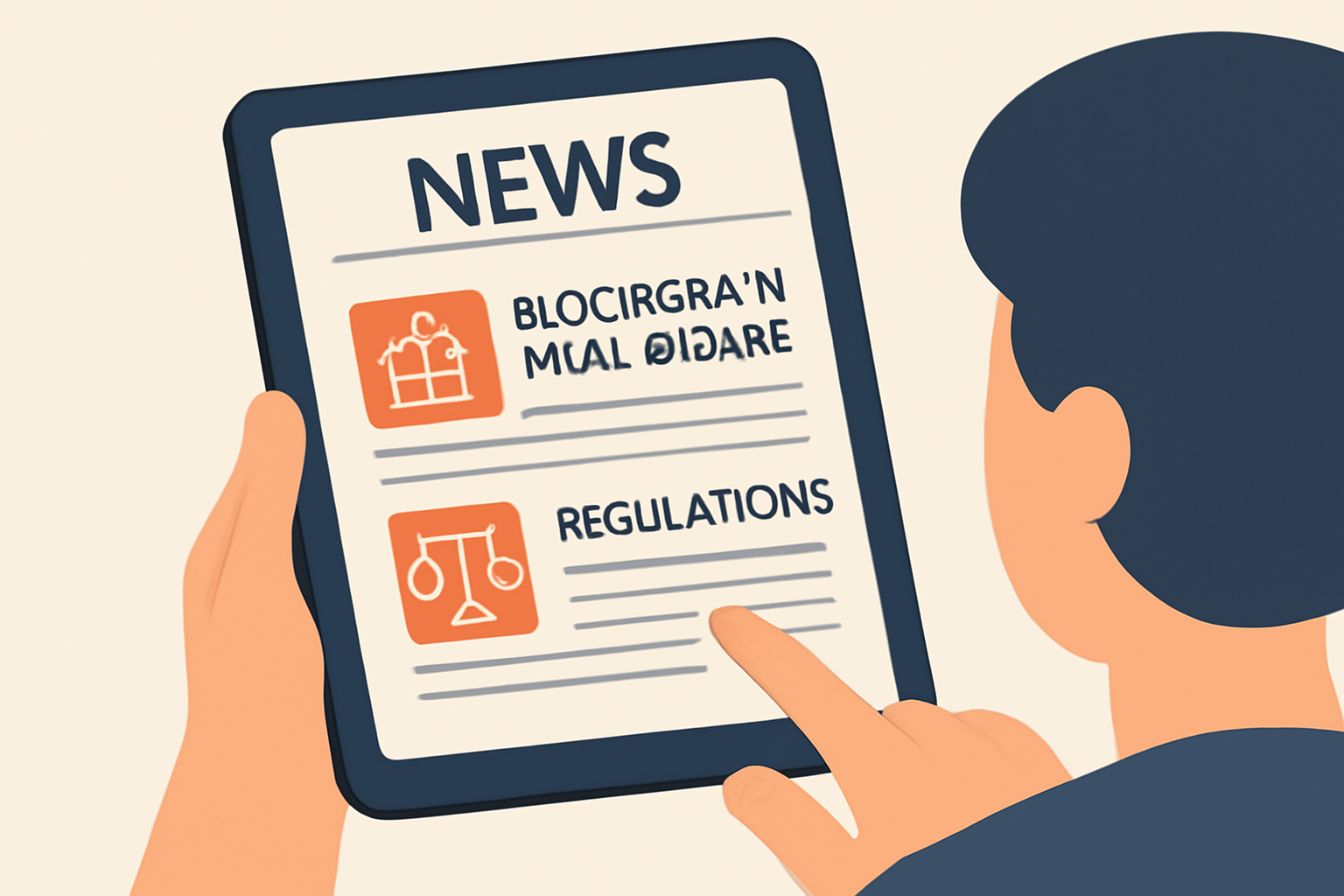 A person reading news on a tablet with headlines about blockchain real estate and regulations.