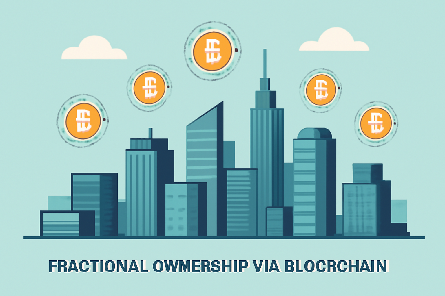 A futuristic city skyline with digital tokens floating above buildings, representing fractional ownership via blockchain.