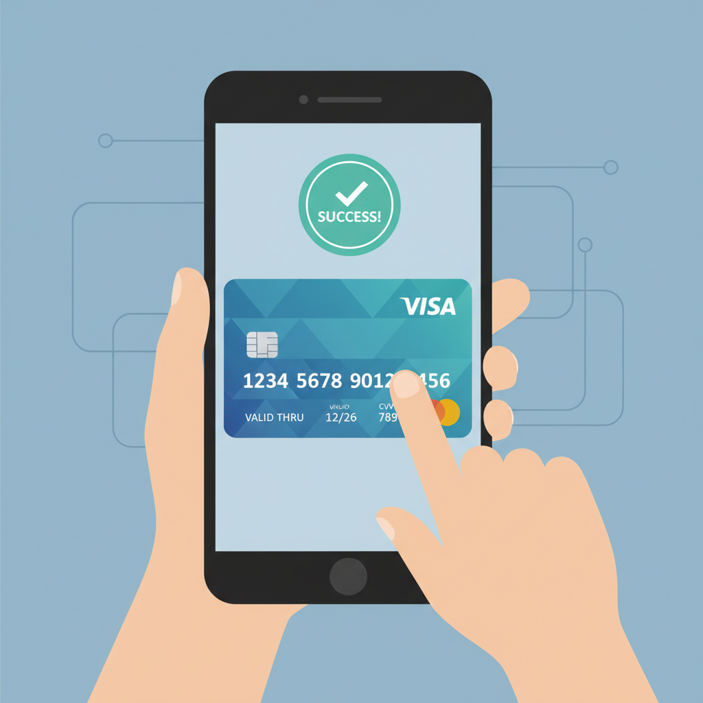 virtual Visa card details screen, 16-digit number, CVV, expiry, success notification, modern card design