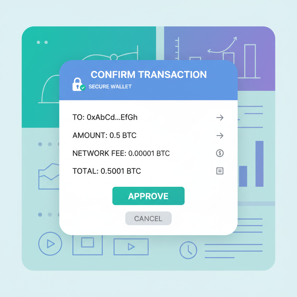 transaction confirmation modal, details listed, approve button, secure crypto wallet interface