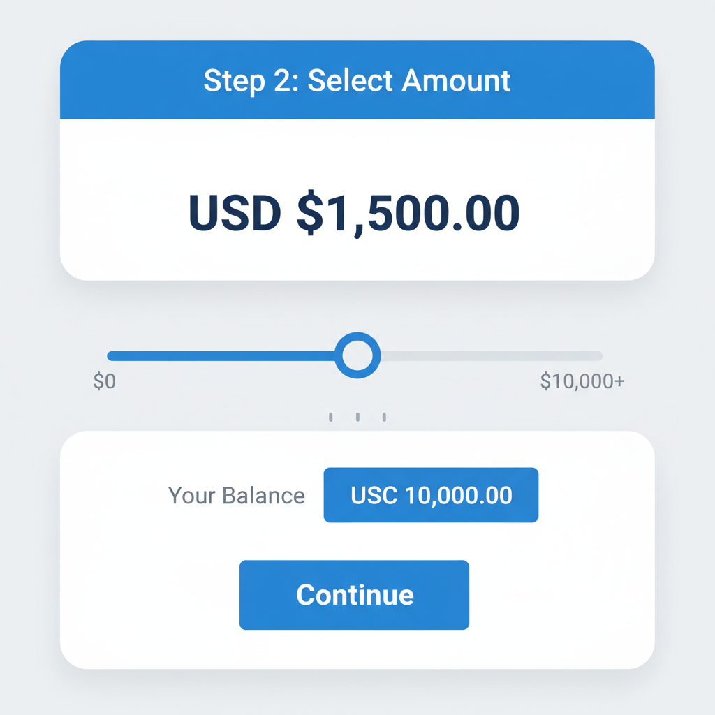 amount selection screen, slider input for USD value, USDC balance display, clean financial app UI