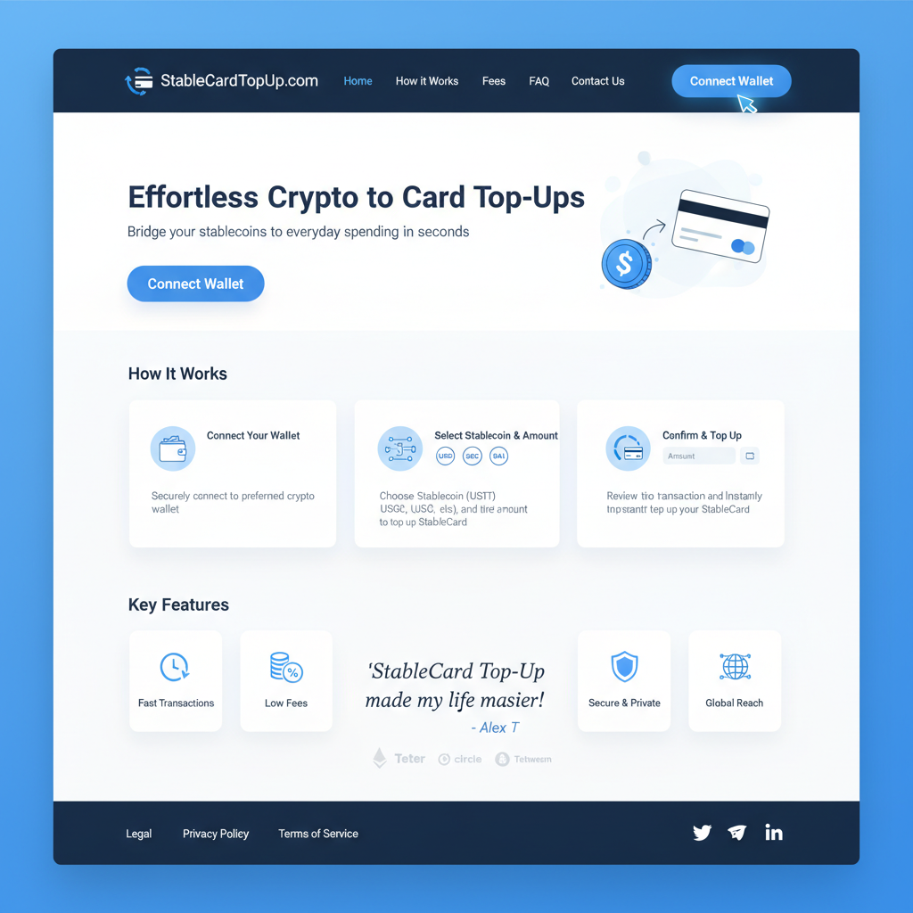 clean modern website homepage for StableCardTopUp.com, connect wallet button prominent, blue and white crypto theme, professional UI