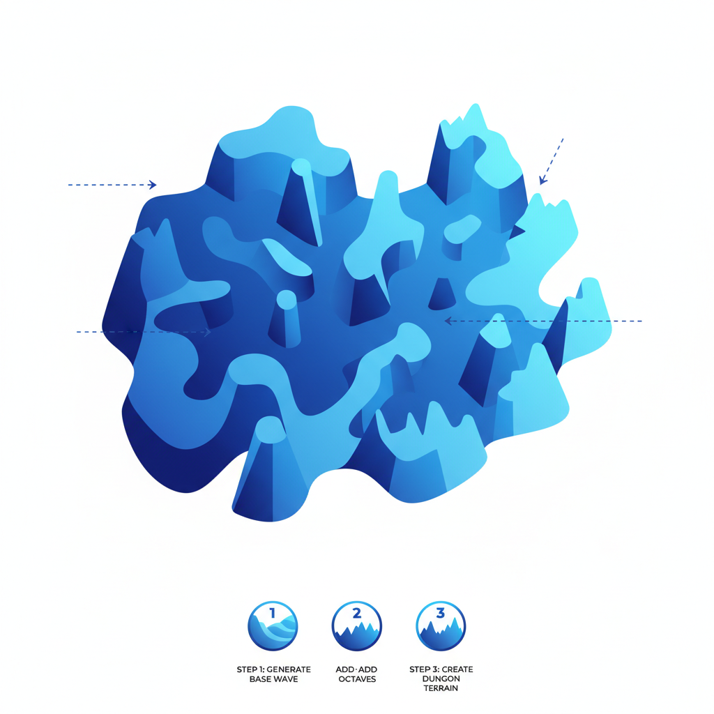 perlin noise waves forming dungeon terrain, abstract blue gradients