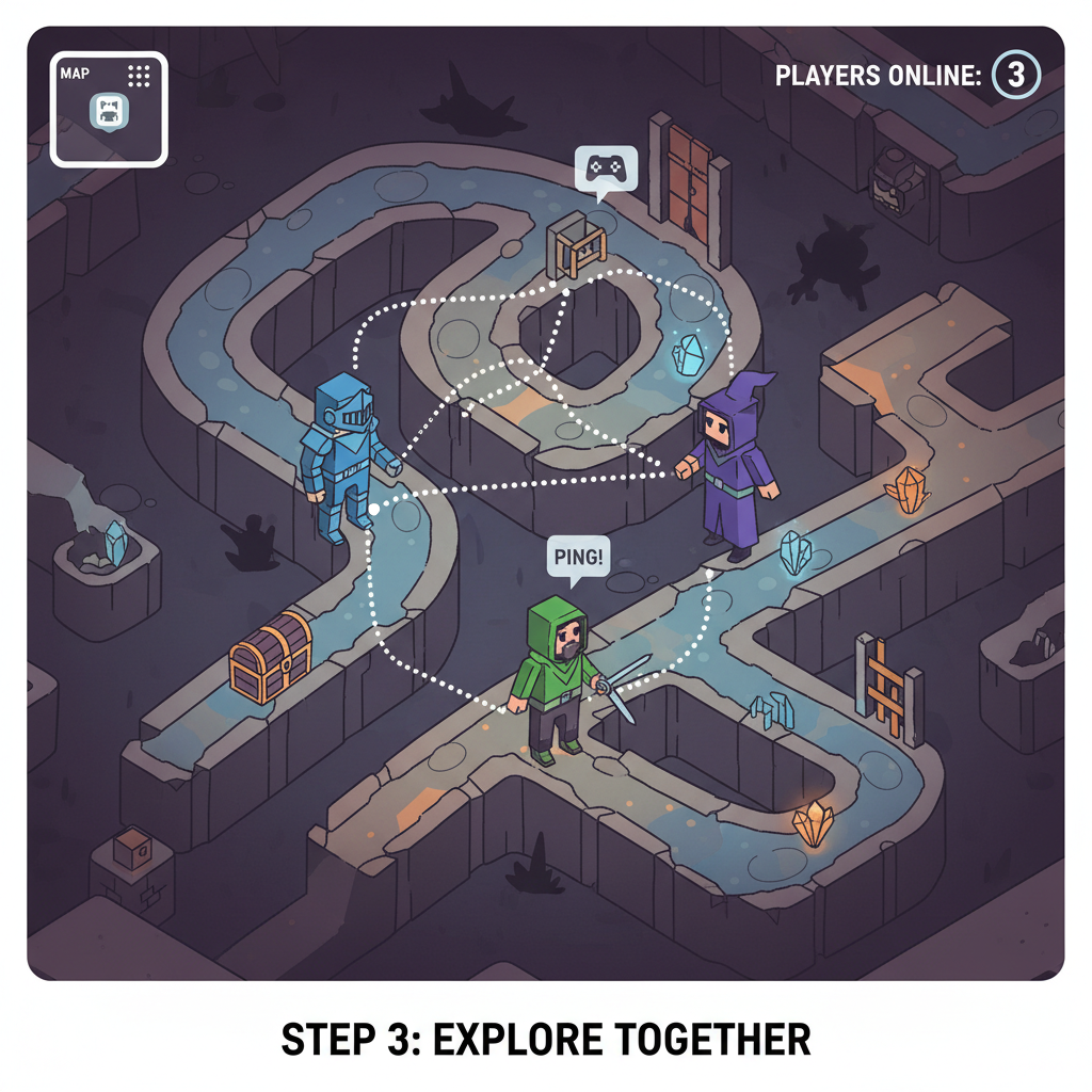 multiplayer players exploring shared procedural dungeon online