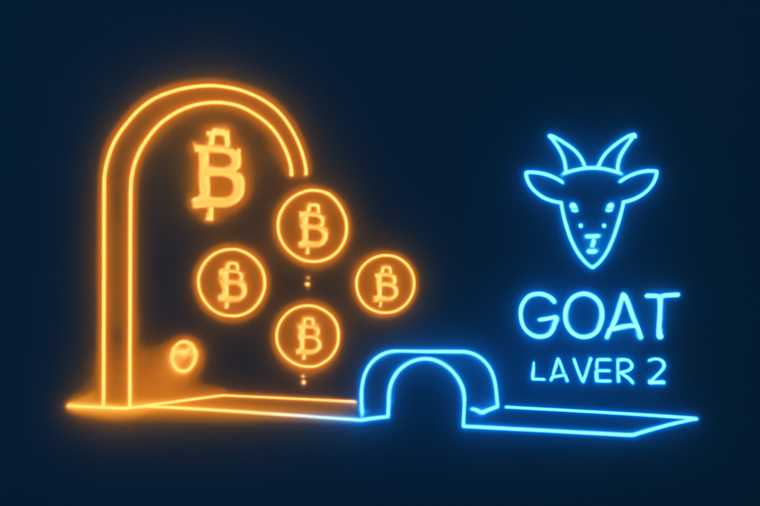 glowing bitcoin bridge portal transferring coins to neon GOAT layer 2 network