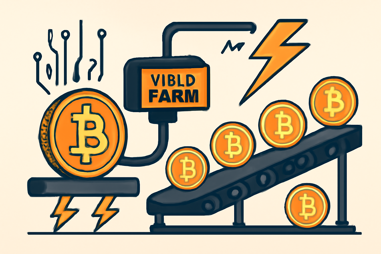 golden BTC coins multiplying in a high-tech yield farm with lightning-fast proofs