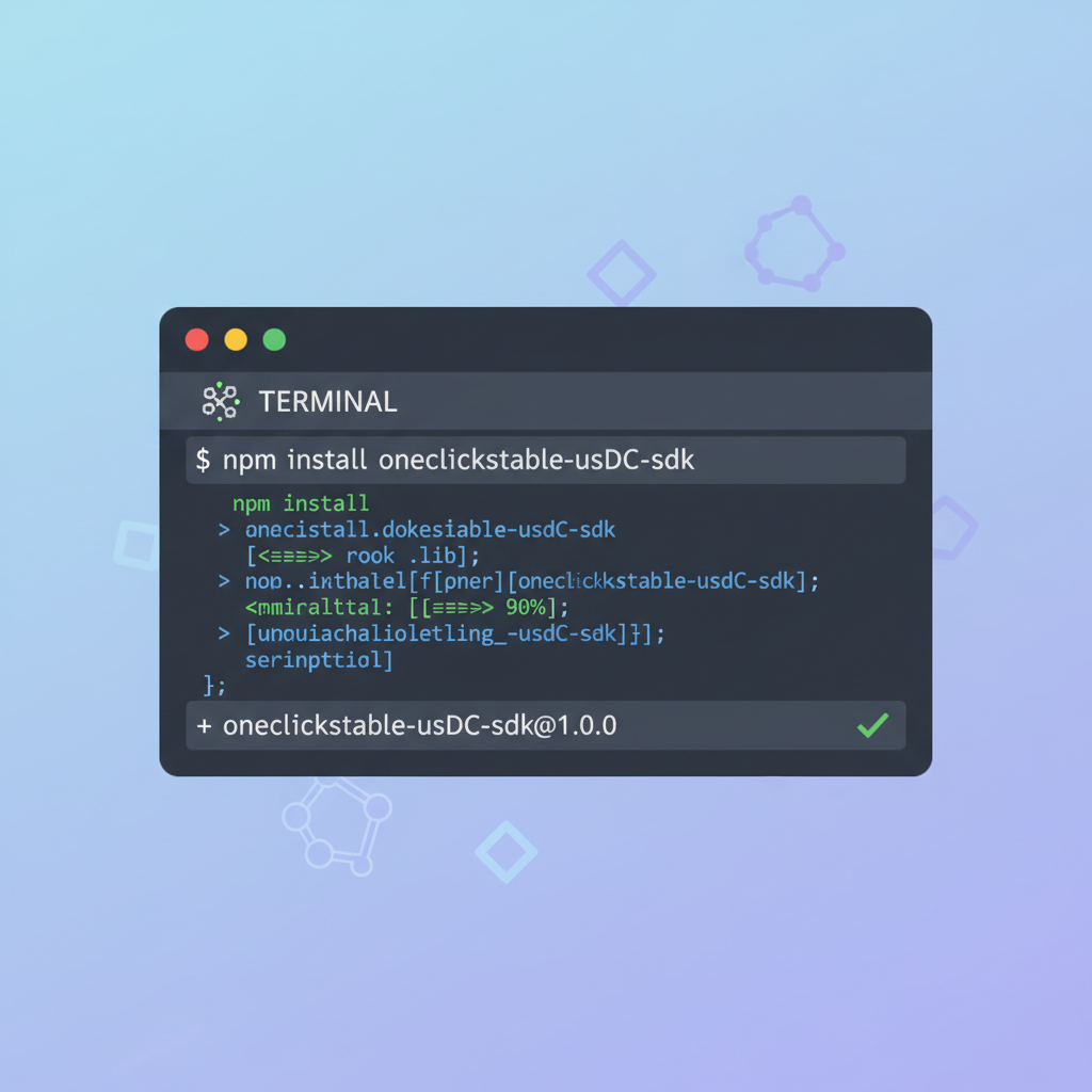 terminal window running npm install oneclickstable-usdc-sdk command, clean code aesthetic, web3 theme