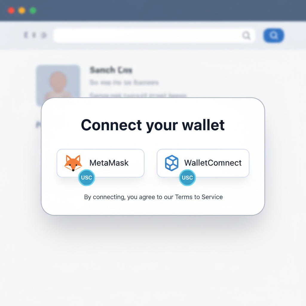 wallet connection modal popup showing MetaMask and WalletConnect options with USDC icon