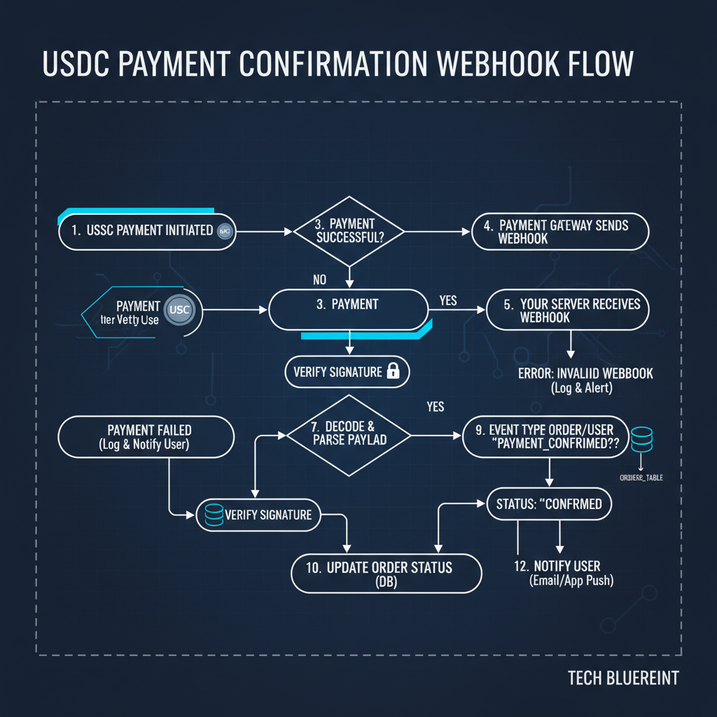 flow diagram of webhook handling USDC payment confirmation, nodes and arrows, tech blueprint style