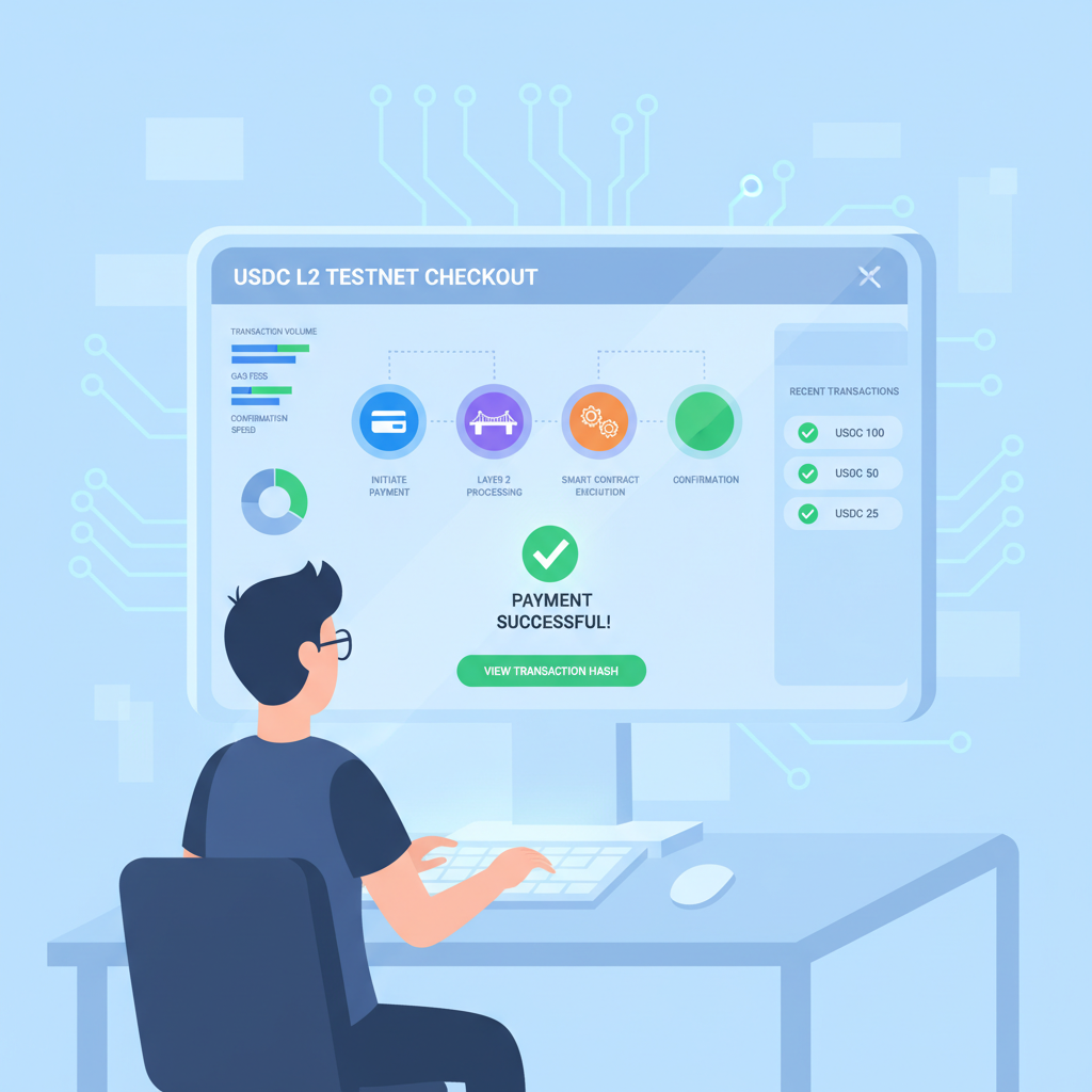 developer testing USDC checkout on L2 testnet dashboard, graphs and success checks, futuristic UI