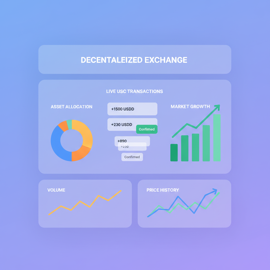 Web3 marketplace dashboard with live USDC transactions scaling up, charts rising