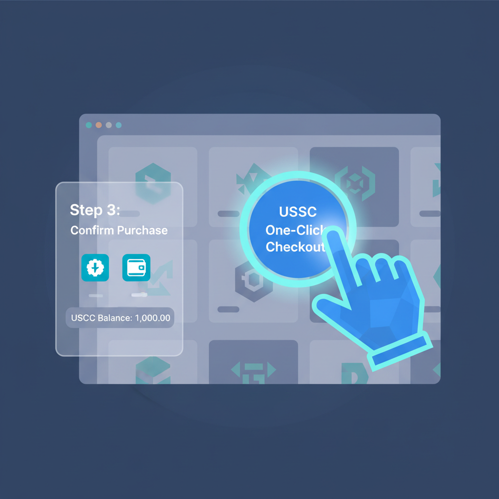 user clicking one-button USDC checkout on marketplace UI, glowing button, futuristic