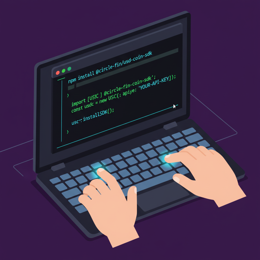 hands typing code to install SDK in terminal, code snippets with USDC, dark mode