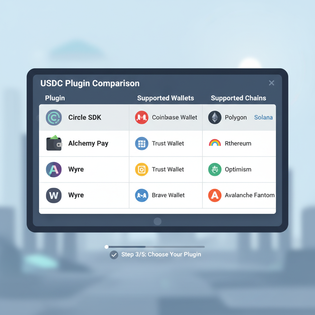 comparison table of USDC plugins on screen, icons of wallets and chains, modern UI