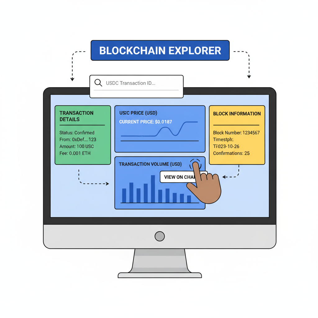 testing USDC transaction on blockchain explorer, graphs showing price $0.0187