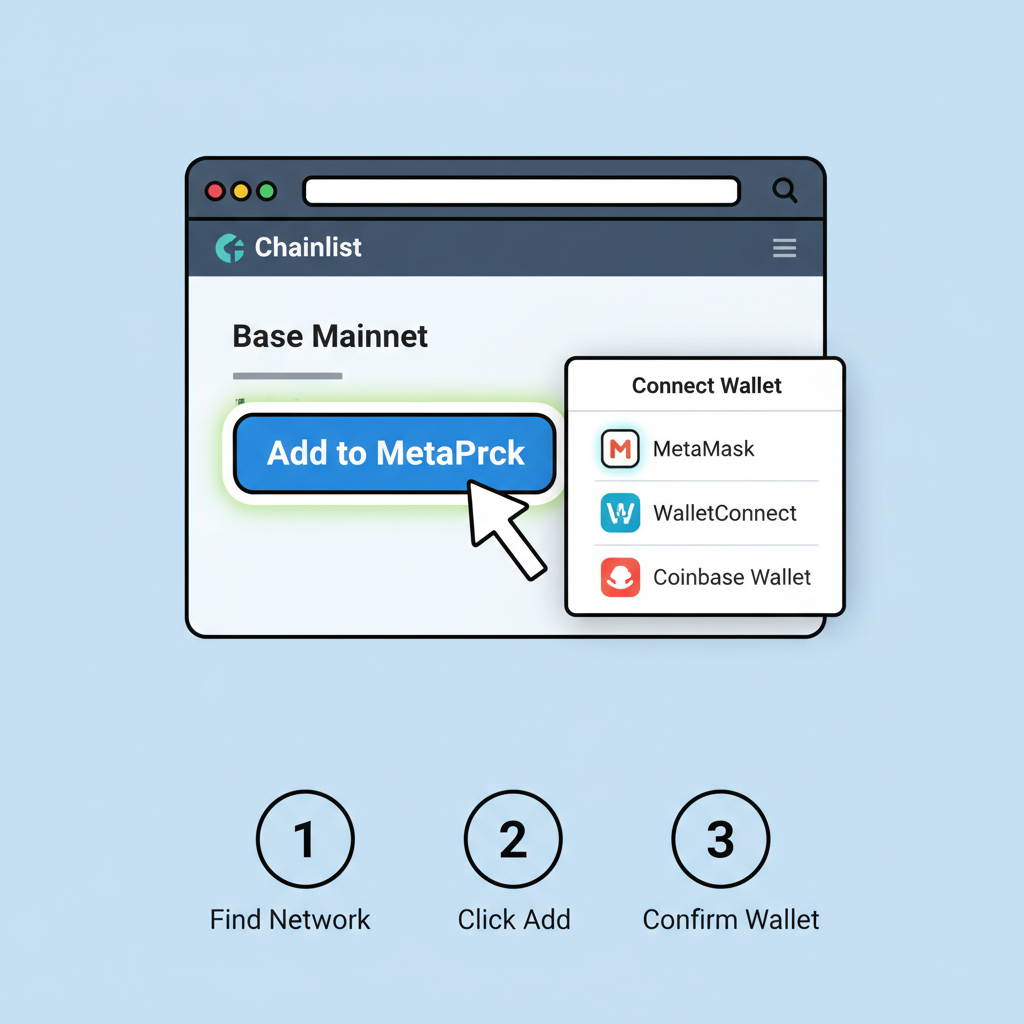 Chainlist Base Mainnet page with 'Add to MetaMask' button highlighted, wallet connect popup starting