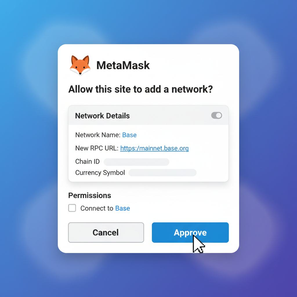 MetaMask approval popup showing Base network details, RPC URL visible, approve button ready