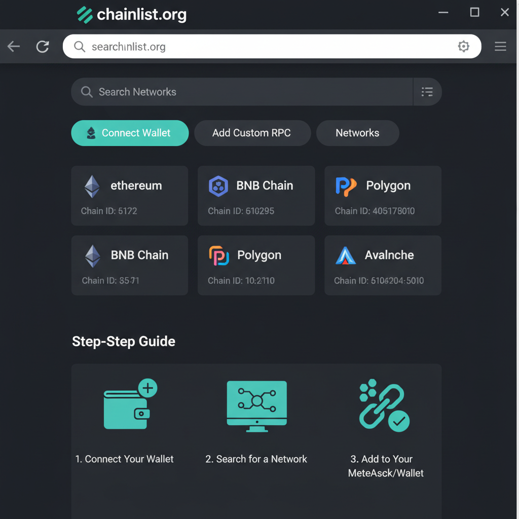Clean browser screenshot of chainlist.org homepage with search bar, modern dark UI, professional web design