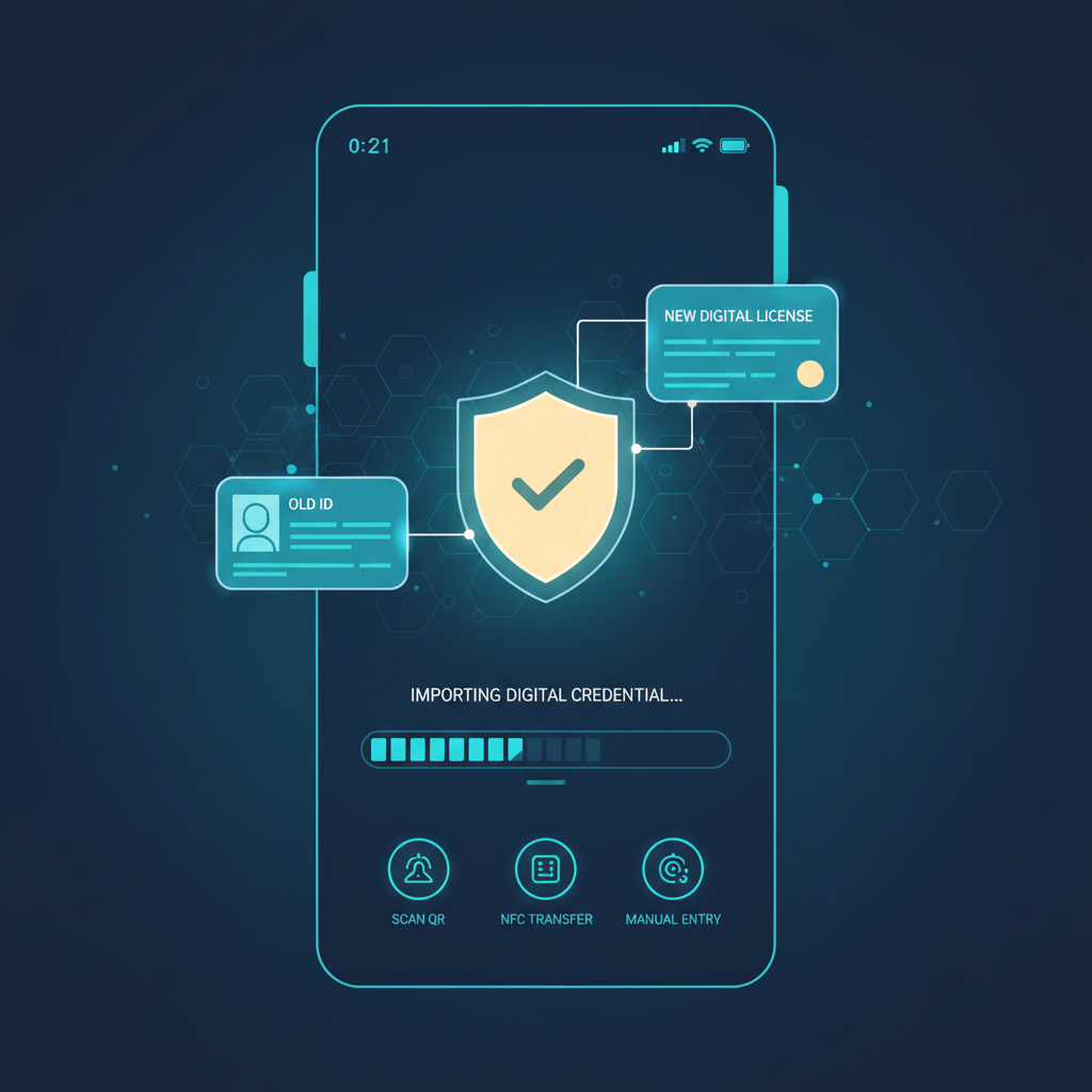futuristic wallet app interface importing digital credential, glowing secure icon, dark blue tones, clean UI
