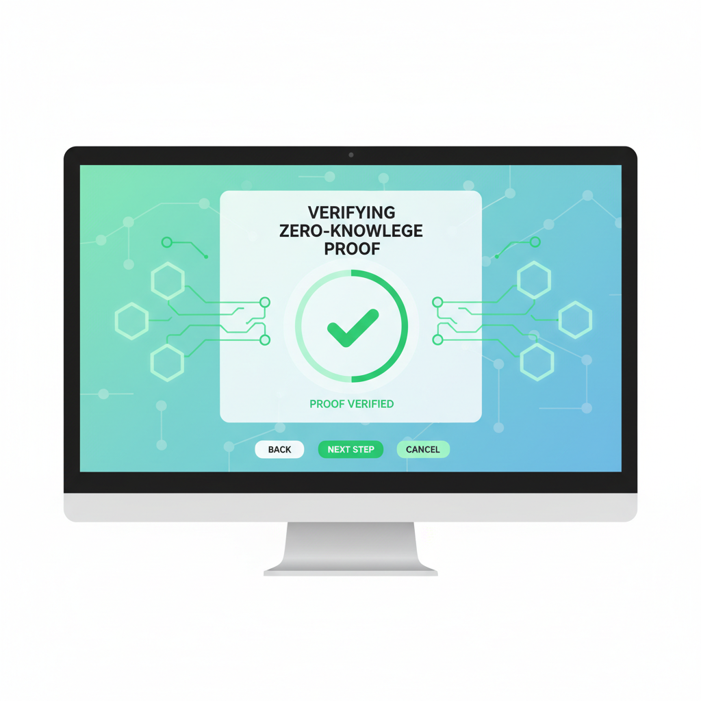DeFi dApp interface verifying ZK proof, green checkmark, blockchain nodes connecting, professional UI