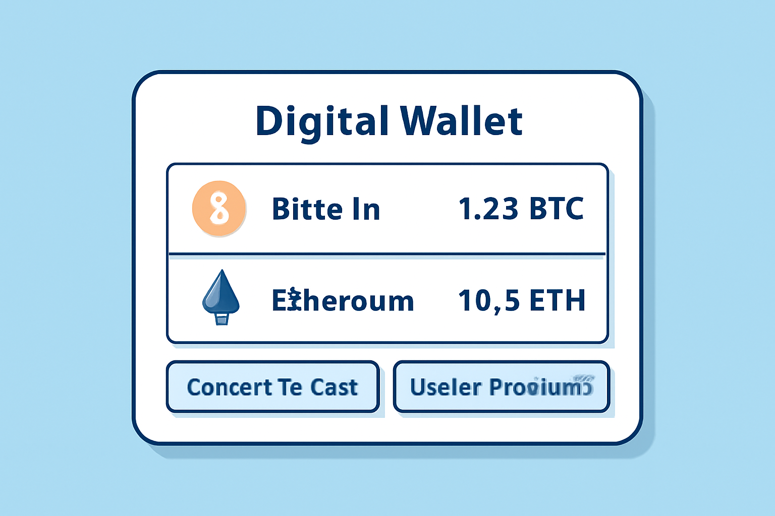 A digital wallet screen displaying Bitcoin and Ethereum balances, with options to convert to cash or use for purchases.