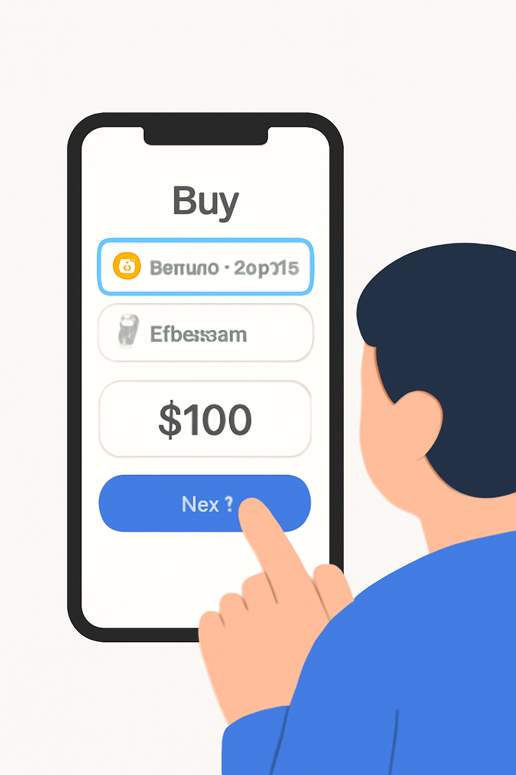 A user selecting between Bitcoin and Ethereum on a mobile app, entering a dollar amount to purchase, with clear price indicators.