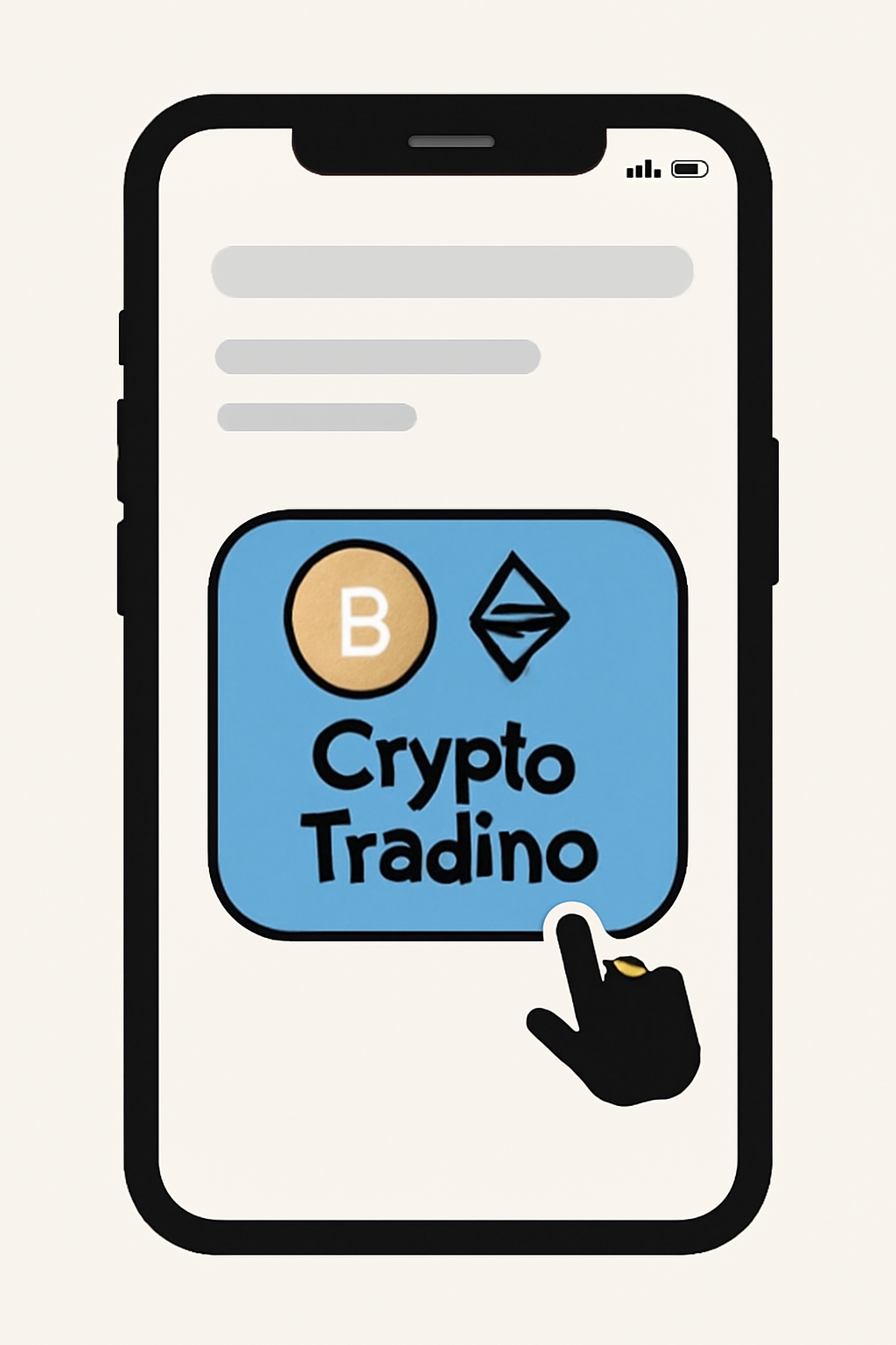 A smartphone screen displaying a mobile app interface, highlighting a 'Crypto Trading' button with Bitcoin and Ethereum icons.