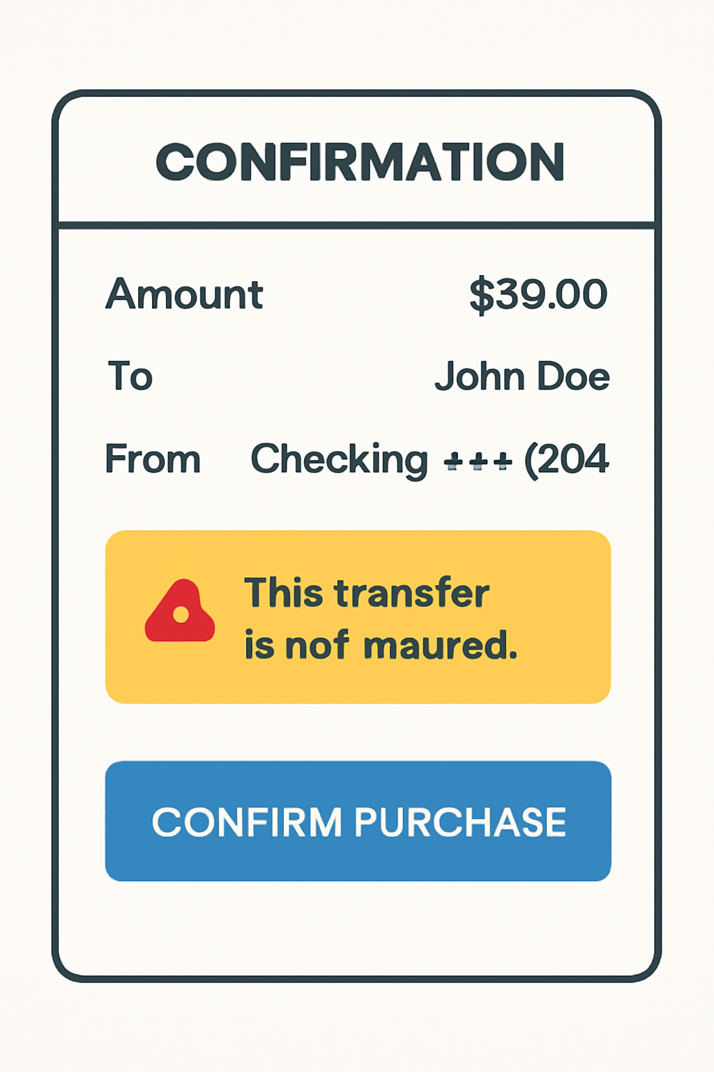 A confirmation screen showing transaction details, a warning about lack of insurance, and a 'Confirm Purchase' button.