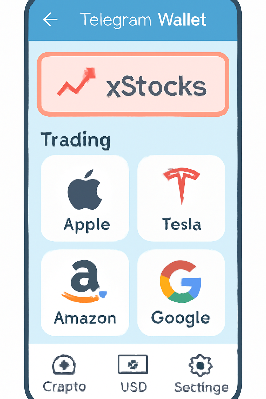 Telegram Wallet interface highlighting xStocks trading section, stock icons