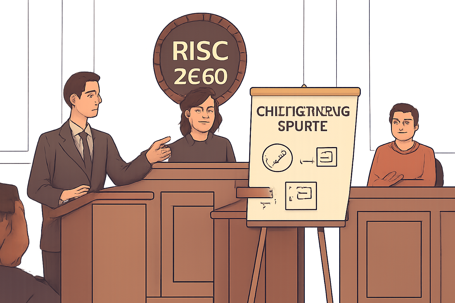 A digital courtroom scene with a 'RISC Zero' emblem, showing a cryptographic proof being presented to resolve a dispute.