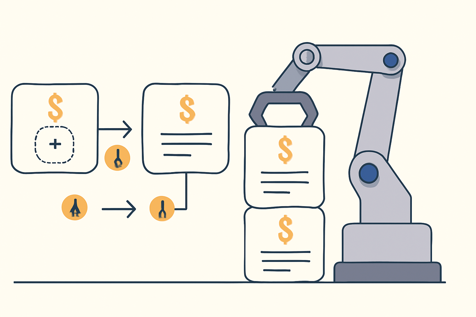 A robotic arm organizing digital transaction blocks into a neat sequence, with highlighted state changes being calculated.