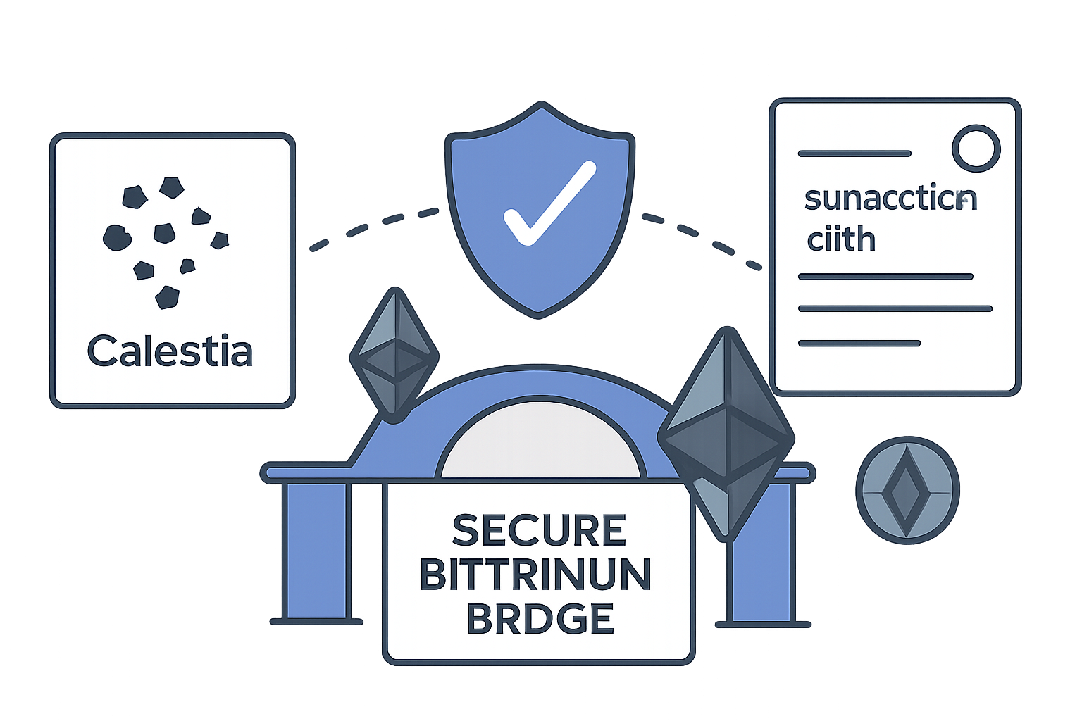 A secure Ethereum bridge verifying transaction data coming from Celestia, with a shield symbol representing security and ETH tokens in the scene.