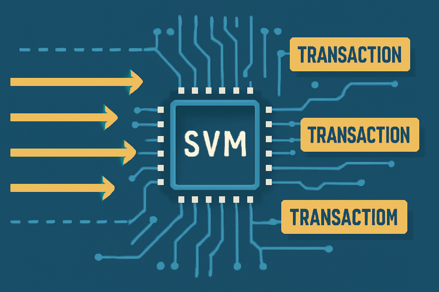 A digital circuit board with multiple parallel data streams, highlighting a chip labeled 'SVM' processing transactions rapidly.