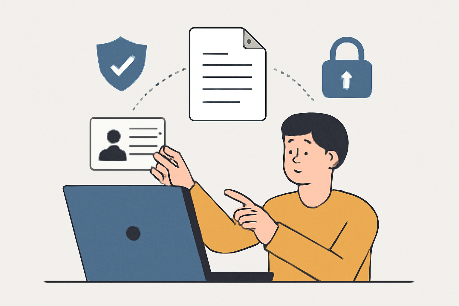 A user uploading their ID and documents on a secure digital platform, with icons representing security and privacy.