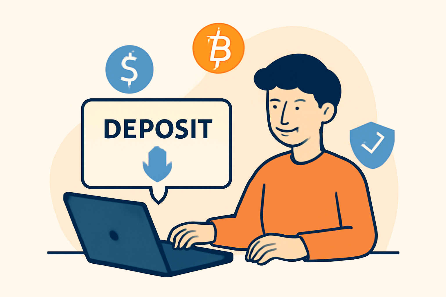 A user making a secure online deposit, with symbols for USD, Bitcoin, and security shields.