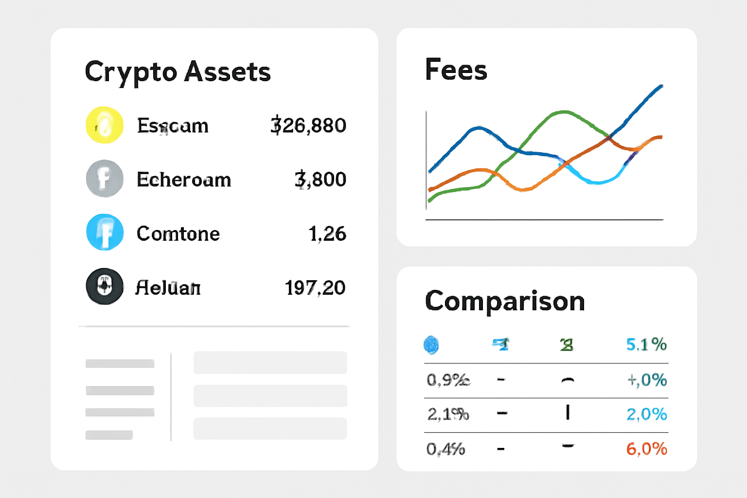 A dashboard showing various crypto assets, fee charts, and comparison tables on a modern exchange interface.